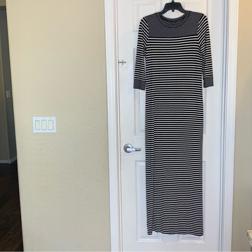 Ann Taylor Maxi Dress Black & White Stripes 3/4 Sleeves Size XS